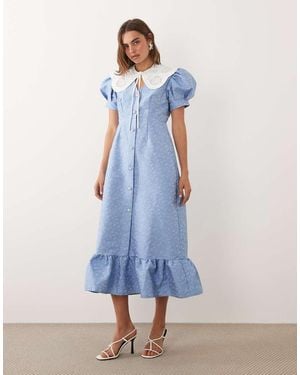 Sister Jane Alice Jacquard Frill Hem Midi Dress With Removable Lace Collar - Blue