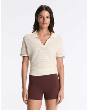 Oysho Cotton Blend Openwork Knit Polo - White