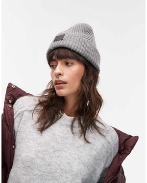 AllSaints Ribbed Leather Logo Beanie - White