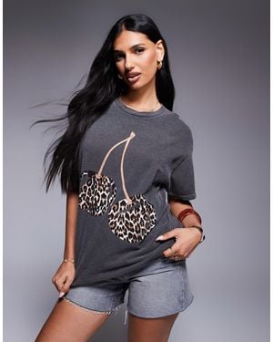 River Island Leopard Print Cherry Boyfriend T-shirt - Gray