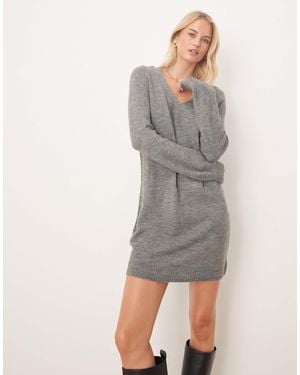 JDY Tall V-neck Balloon Sleeve Knit Mini Dress - Gray