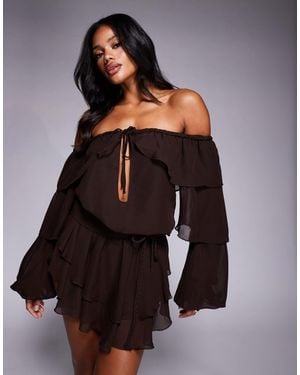 Murci Chiffon Bardot Tiered Ruffle Mini Dress - Brown