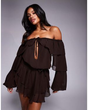 Murci Chiffon Bardot Tiered Ruffle Mini Dress - Brown