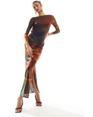 FARAI LONDON Anayah Mesh Long Sleeve Backless Column Maxi Dress - Multicolour