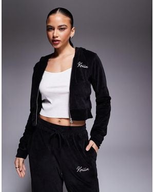 Kaiia Cropped Hoodie Van Velours Met Geborduurd Logo En Rits - Grijs