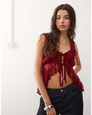 Reclaimed Vintage Sleeveless Frill Neck Tie Front Lace Top - Red