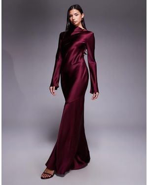DASKA Satin Bias Long Sleeve Seam Detail Maxi Dress - Purple