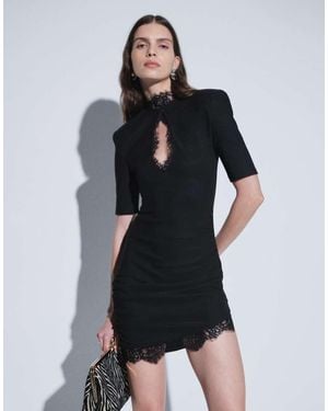 Noughts & Kisses Amaya Lace Trim Keyhole Detail Shoulder Pad Asymmetric Hem Mini Dress - Black