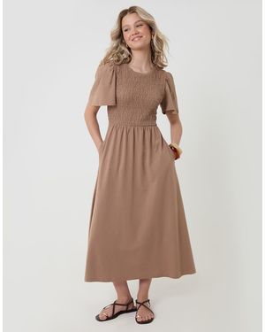 Threadbare Cotton Jersey Shirred Bodice Midi Dress - Natural