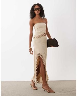 ASOS Co-ord Crinkle High Split Skirt With Tassel Detail - Natural
