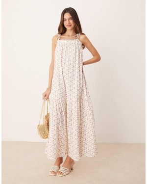 Y.A.S Vestido Largo Amplio De Estilo Boho Con Estampado Floral Rosa Y Tirantes Anudados De -Blanco - Neutro