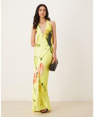 JW PEI Halter Neck Tie Detail Plunge Neck Satin Maxi Dress - Yellow