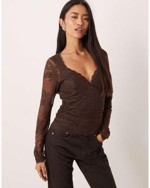 Abercrombie & Fitch Sweetheart Neckline Lace Long Sleeve Top - Brown