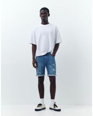 Pull&Bear Ripped Denim Bermuda Shorts - Blue