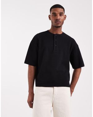 ASOS Boxy Oversized T-shirt Henley Neck - Black