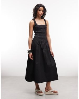 Collusion Square Neck Blend Shirred Midi Dress - Black