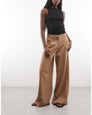 Monki High Waist Wide Leg Pants With Front Pleat - Natural