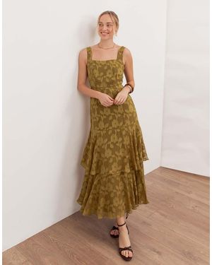ANAYA Floral Burnout Square Neck Tiered Midaxi Dress - Natural