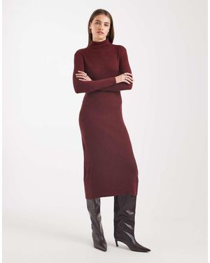 Brave Soul Geribbelde Gebreide Midi Jurk Met Col - Rood