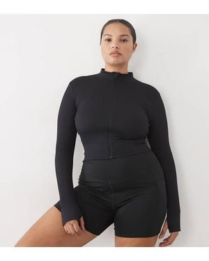 4505 Curve Seamless Baby Rib Cropped Zip Up Long Sleeve Top - Black