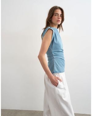 TOPSHOP Denim Boat Neck Ruched Side Top - Blue