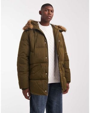 ASOS Puffer Jacket With Faux Fur Hood Trim - Brown