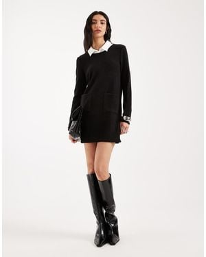 Vero Moda 2 In 1 Long Sleeve Knitted Mini Dress With Poplin Collar In - Black