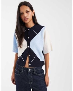 Pieces Short Sleeve Knitted Cardigan - Blue
