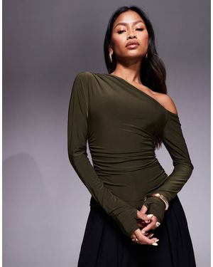 Kaiia Exclusive Double Layered Slinky Off Shoulder Long Sleeve Thumb Hole Top - Blue