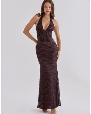 House Of Cb Saskia Chocolate Lace Contouring Silhouette Maxi Dress - Purple