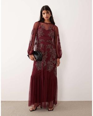 Maya Embellished Long Sleeve Trapeze Maxi Dress - Red