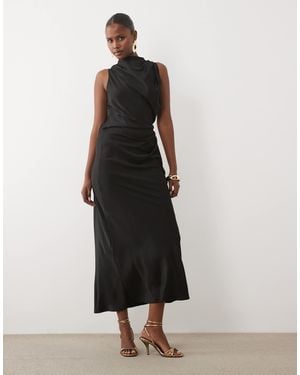 ASOS Pleated Gathered Bodice Satin Maxi Dress With High Neck - White