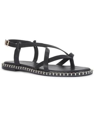 SEQWL Strappy Sandals Flat Thong Style With Contrast Stitched Sole - Black