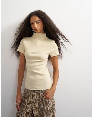 TOPSHOP High Neck Zip Through Short Sleeve Rib Top - Natural