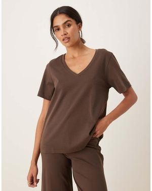 Mango Camiseta De Pijama Holgada Con Cuello De Pico De Algodón De (Parte De Un Conjunto) - Marrón