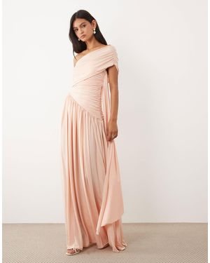 JW PEI Premium Slinky Ruched One Shoulder Sash Detail Maxi Dress - Pink