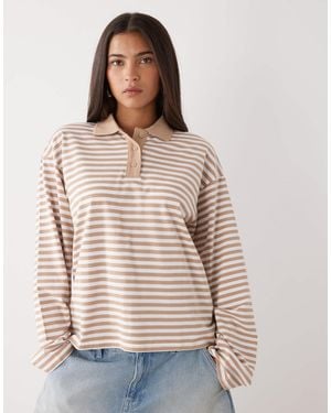 Monki Long Sleeve Oversized Rugby Polo Shirt - Natural