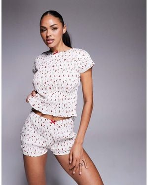 River Island Shirred Cherry Print Nightwear Set - Grey