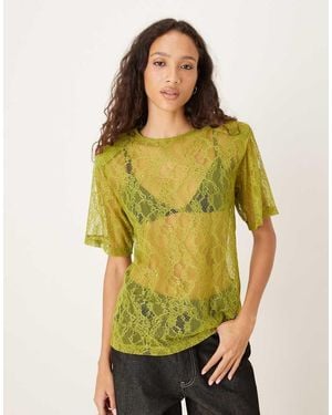ASOS Lace Boxy Sheer Tee With Shoulder Pads - Yellow