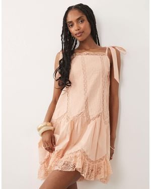 Miss Selfridge Tie Shoulder Lace Insert Mini Dress - Natural