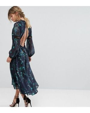 Hope & Ivy Hope & Ivy Printed Open Back Midi Dress With Lace Inserts - Blue