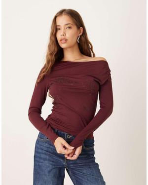 Gina Tricot Asymmetric Top With Rhinestone Flower Detail - Purple
