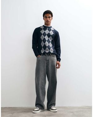 Threadbare Argyle Knitted Crew Neck Jumper - Blue