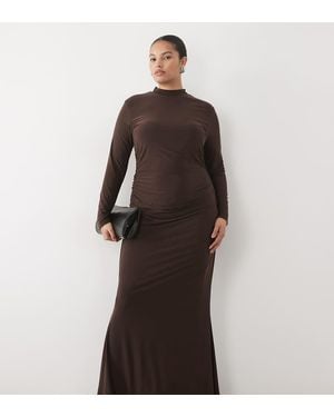 Tfnc Plus Mesh High Neck Ruched Side Maxi Dress - Brown