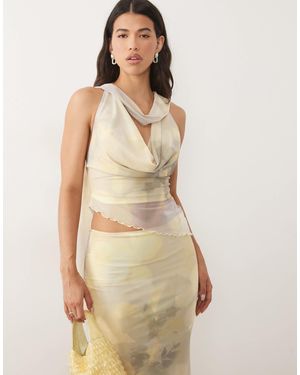 ASOS Printed Mesh Cowl Drape Top - Natural