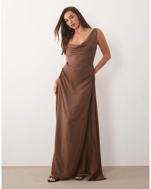 Missy Empire Satin Asymmetric Shoulder Detail Drape Ruched Side Maxi Dress - Brown
