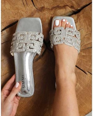 SIMMI Rania Mirror Diamante Patterned Flats Sandals - White