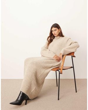 ARRANGE Rib Knitted Shoulder Pad Midi Dress - Natural
