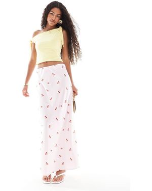 Pieces Falda Larga Rosa Claro Con Estampado De Cerezas De - Blanco