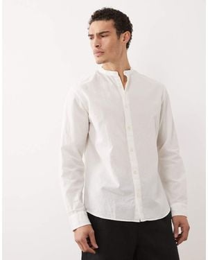 Jack & Jones Linen Blend Shirt With Grandad Collar - White